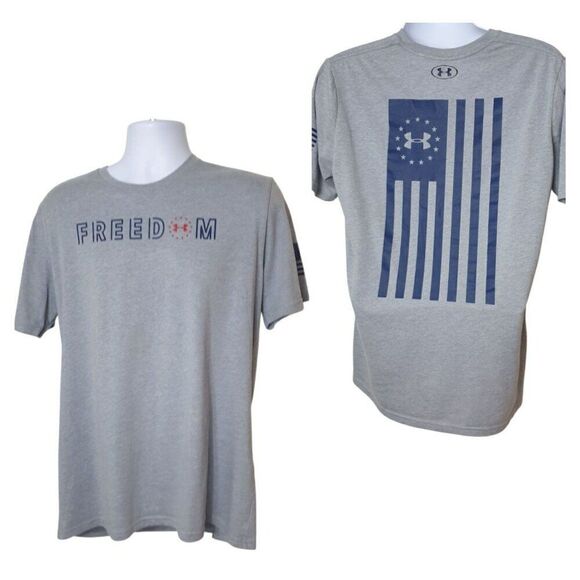 Under Armour Freedom Flag T-Shirt LG Gray Blue Heatgear Sporty Patriotic Logo - Picture 2 of 8